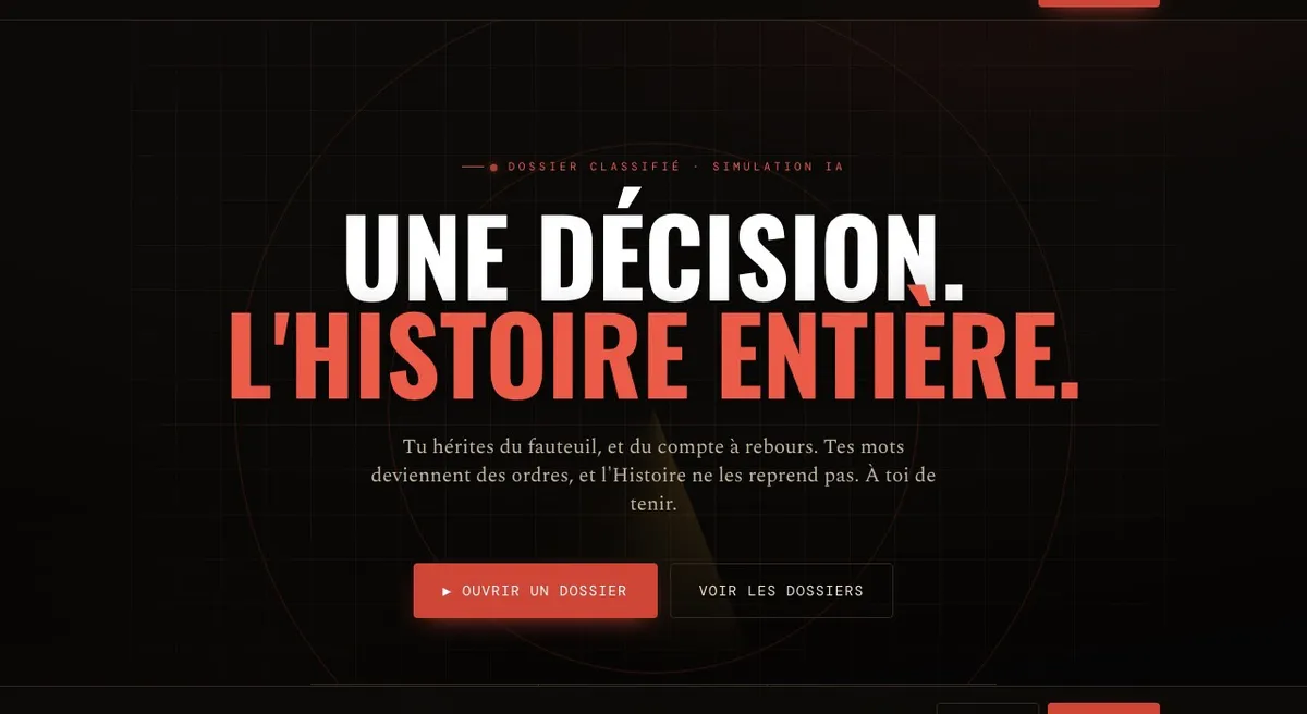 L'écran d'accueil d'Uchronia : une décision, l'Histoire entière
